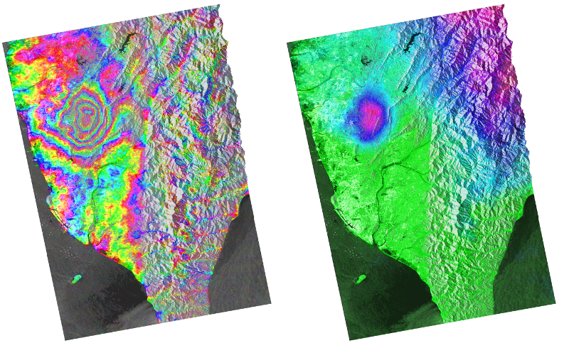 A 2016.02.05-én a Dél-Taiwanon kipattant, a Richter-skálán 6.4-es magnitúdójú földrengés differenciális interferogramja (bal), valamint az abból származtatott műhold irányú elmozduláskép (jobb). 